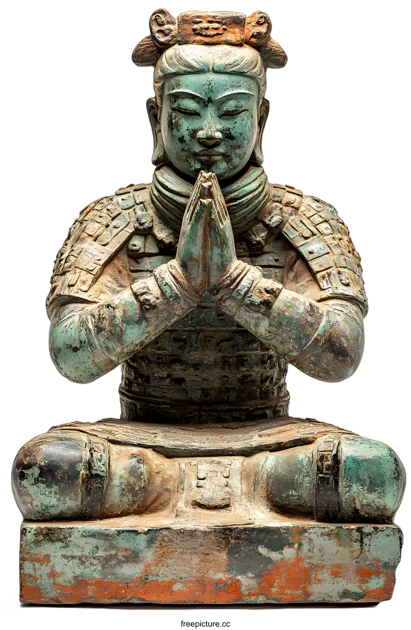 [Transparent Background PNG]Ancient Chinese Bronze Statue of a Praying Warrior