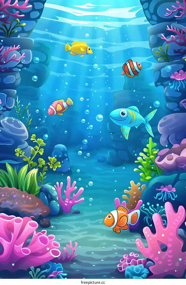 Cartoon Underwater Ocean Scene with Fish and Coral Reef