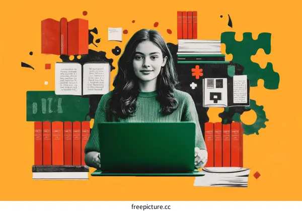 Creative Collage of a Young Woman Studying with Books and Technology