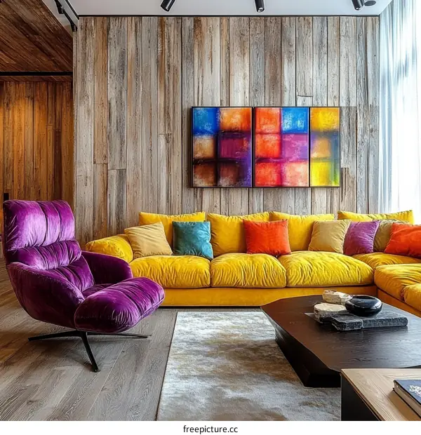 Modern Living Room with Vibrant Sofa and Artistic Wall Decor