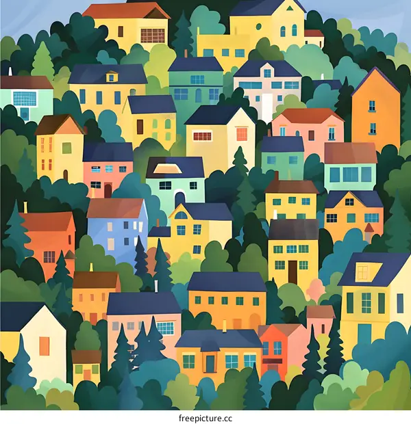 Colorful Houses in a Green Forest Illustration