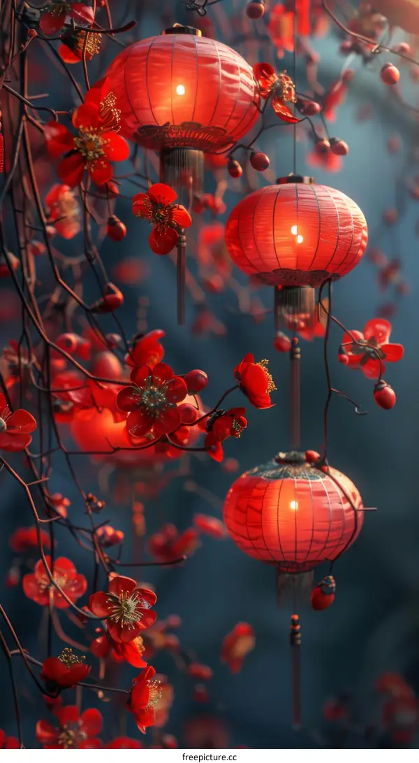 Red Paper Lanterns Hanging from Tree with Vibrant Red Flowers