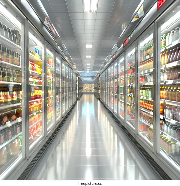 Supermarket Aisle with Refrigerated Display Cases