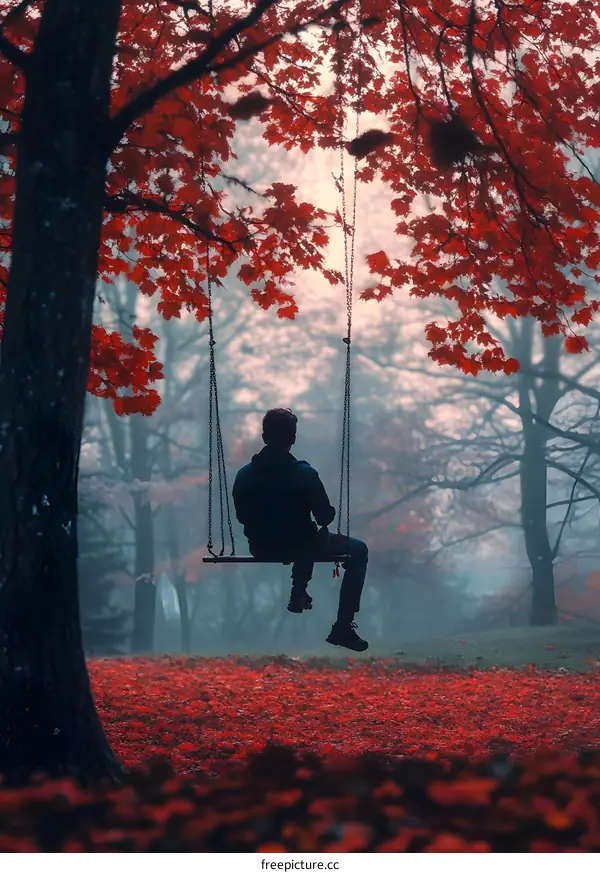 Man Sitting on a Swing in a Foggy Forest with Red Leaves
