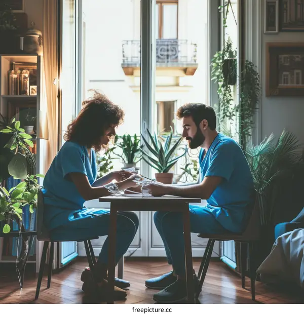 Two healthcare workers are sitting at a table in a bright room discussing a patient's chart