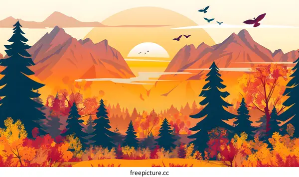 Autumn Landscape Illustration with Sun Setting Over Mountains