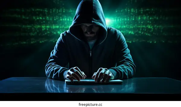 A hacker in a black hoodie is typing on a keyboard