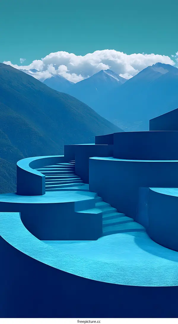 Abstract Blue Architecture With Mountains in the Background