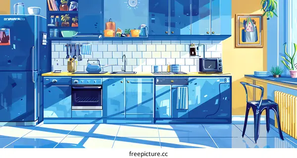 Modern Kitchen Interior Design with Blue Cabinets and Stainless Steel Appliances