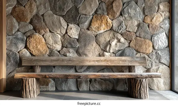 Rustic Wooden Bench Against a Stone Wall