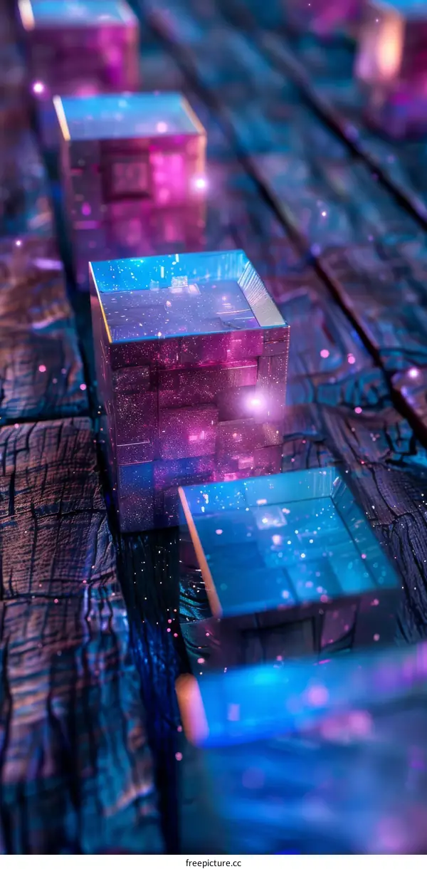 Geometric Composition with Glowing Violet and Blue Cubes