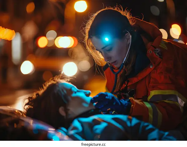 A female paramedic is checking a patient's vital signs at night