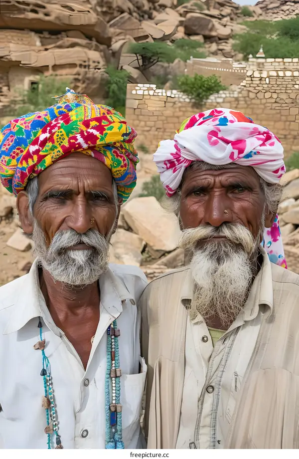 Two Indian Men in Traditional Headwear Stand Together