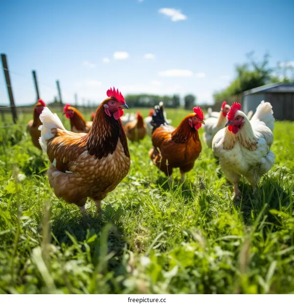 A group of free range chickens on a grassy field
