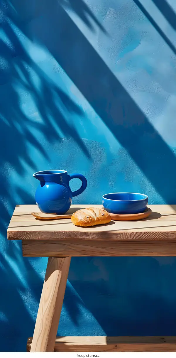 Blue Ceramic Pitcher and Bowl on Wooden Table with Bread