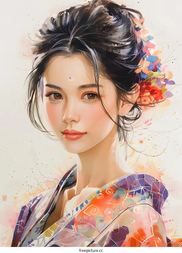An Asian woman wearing a kimono with flowers in her hair