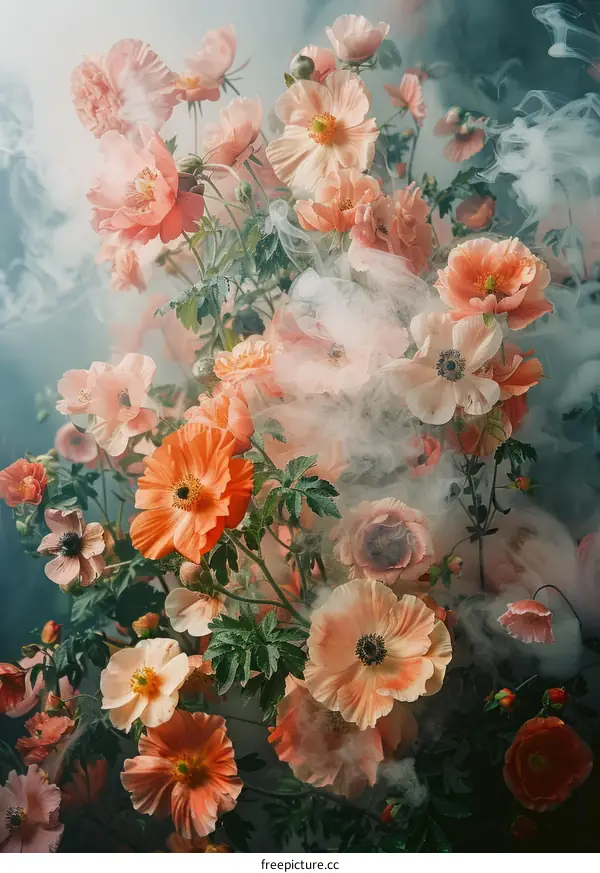 ethereal peach ranunculus in a smoky atmosphere