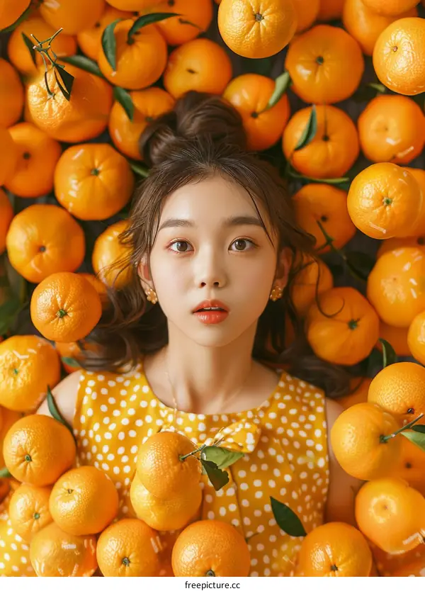 Woman Surrounded by Abundant Oranges