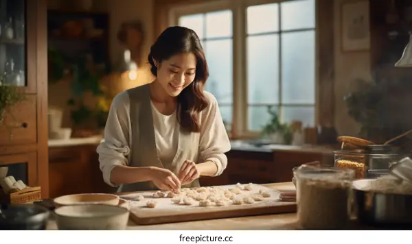 Asian woman making dumplings in the kitchen