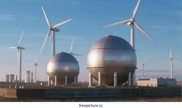 Wind Turbines and Storage Spheres in Renewable Energy Plant