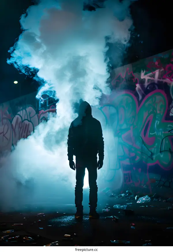 Man Standing In Smoke With Graffiti Wall In Background