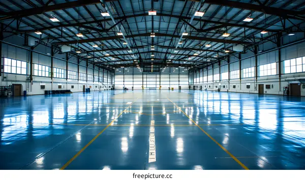 Empty Hangar with Blue Floor and Yellow Lines