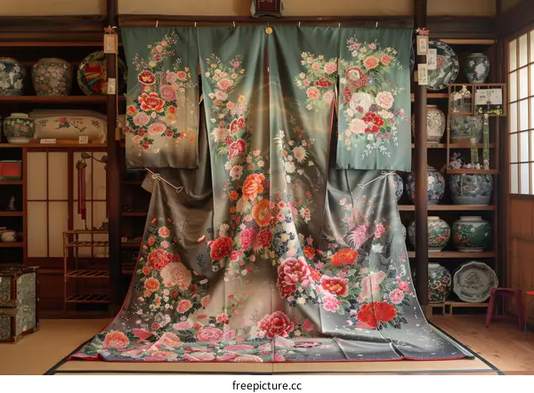 A kimono with a floral pattern displayed in a traditional Japanese room