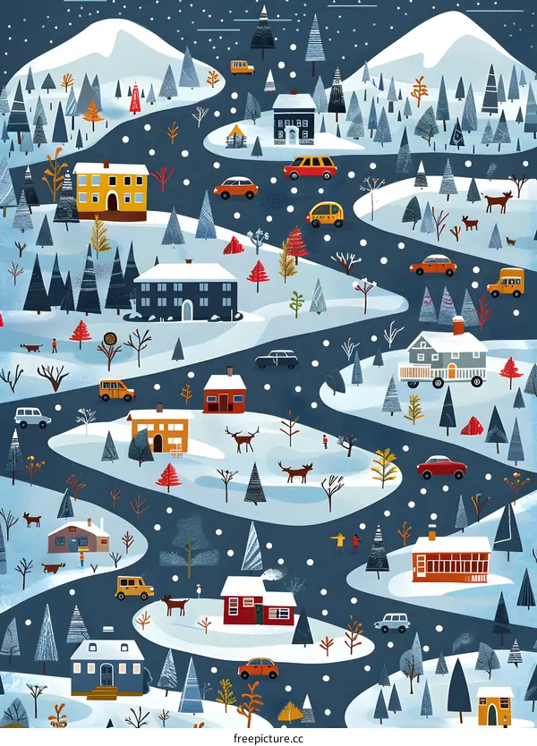 Snowy Village Winter Illustration