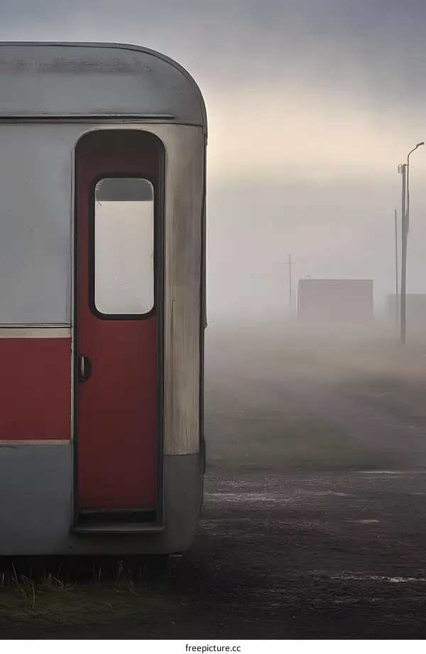 Red Train Door in Foggy Field