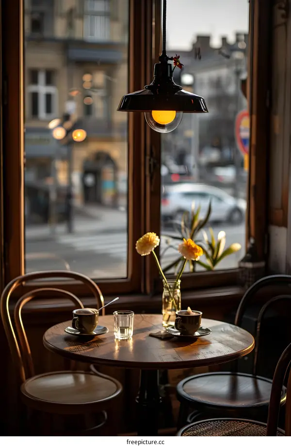 Wooden Table with Two Cups of Coffee and Flowers by the Window