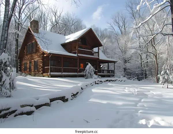 A wooden house covered with snow in the woods