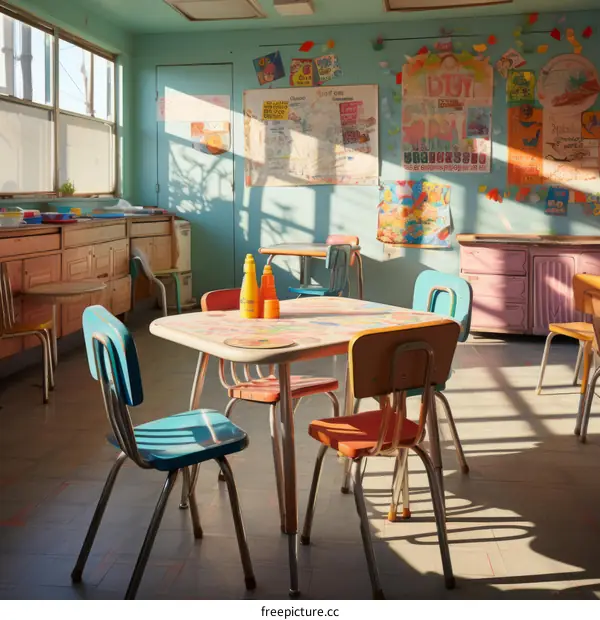 An Empty Classroom with Colorful Chairs and Desks
