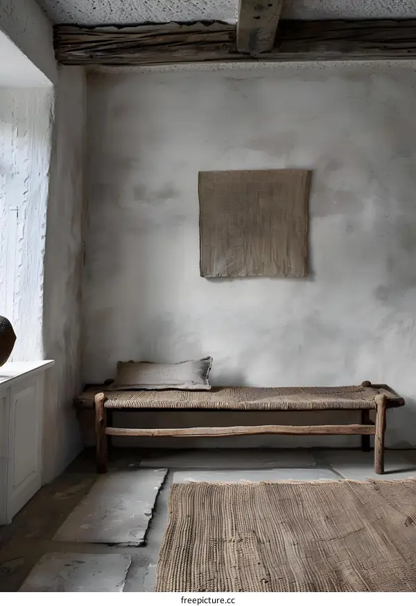 Rustic Interior Design with Wooden Bench and Woven Rug