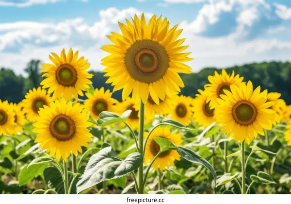 Field of sunflowers with a single sunflower in the foreground
