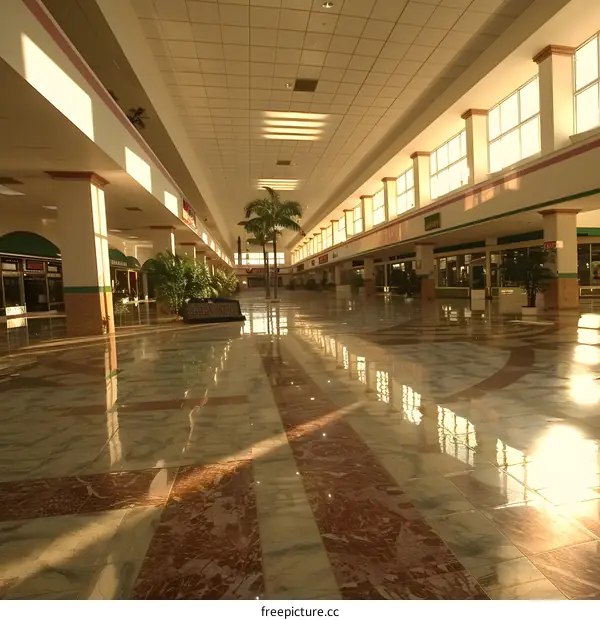 Empty Mall Interior With Sunlight Shining Through Windows