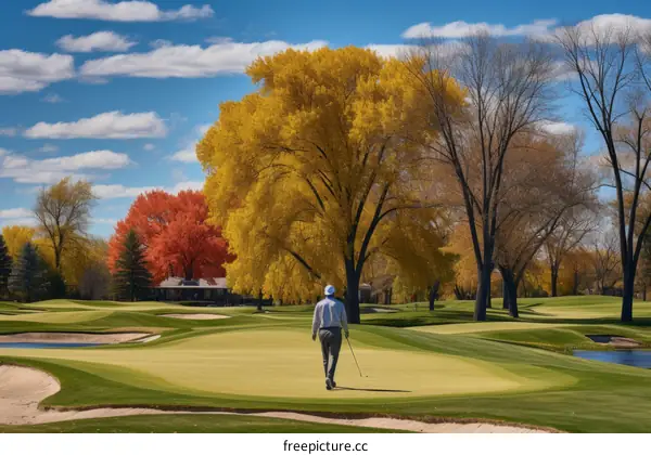Man in white pants and blue sweater on the golf court