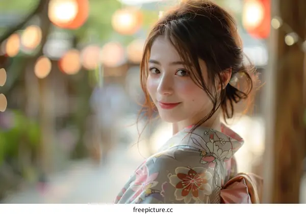Asian Woman in Kimono Smiling Outdoors