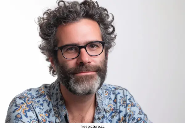 Portrait of a man with curly hair and beard wearing glasses and a floral shirt
