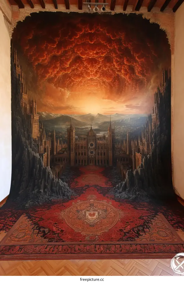 Ruined Cityscape with Red Sky: A Fantasy Painting