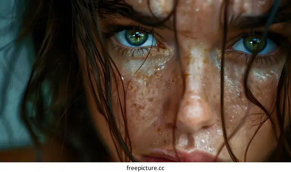 Close-up portrait of a young woman with green eyes and freckles on her face