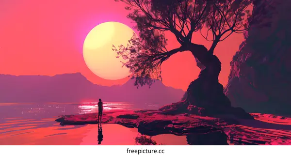 Silhouette of a Person Standing Underneath a Tree During Sunset