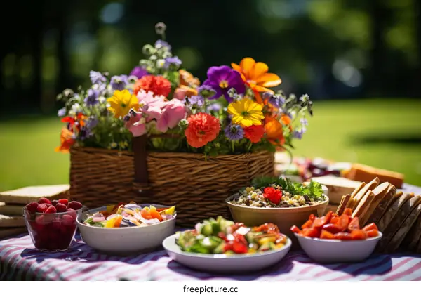 A picnic in the park with a beautiful bouquet of flowers as the centerpiece