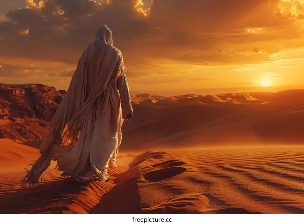 A lonely figure walks through a desolate desert landscape
