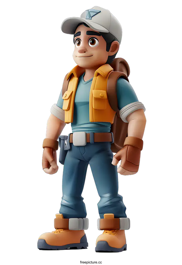 [Transparent Background PNG]A young man wearing a cap, a vest, and a backpack is standing.