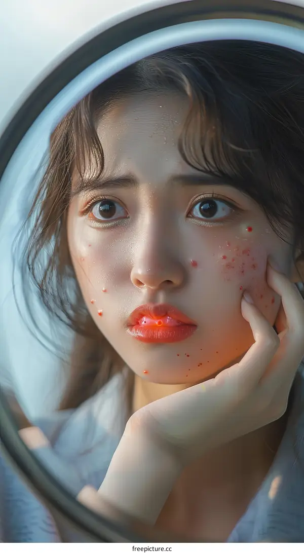 Close-up portrait of a young woman with acne scars