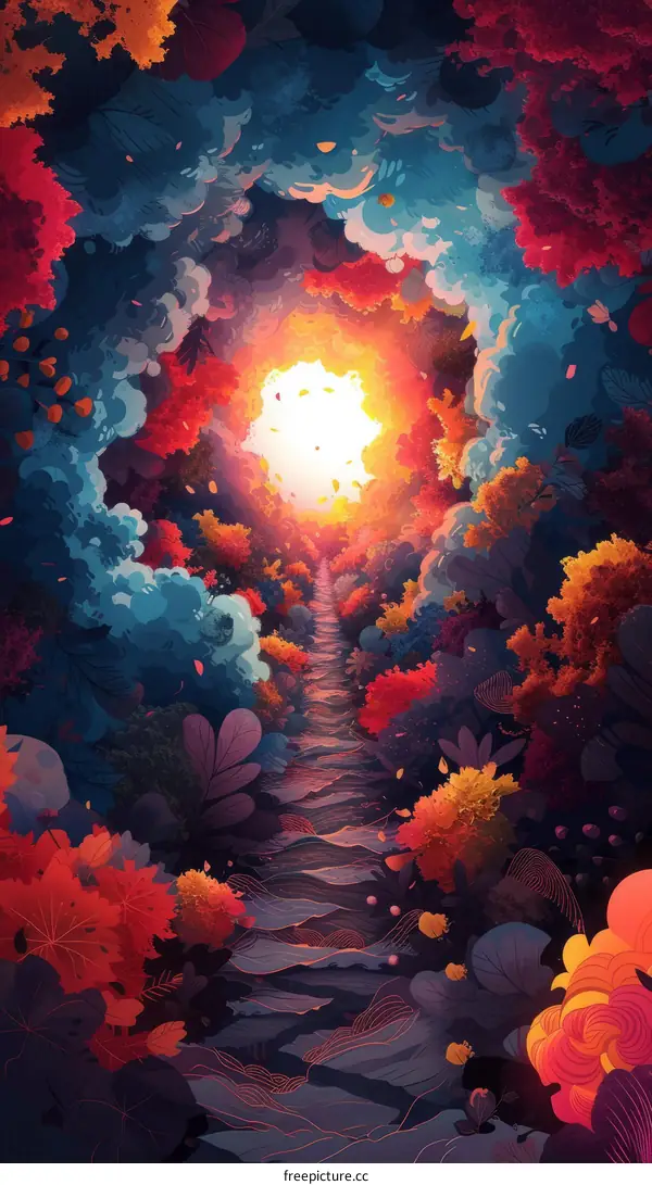 Surreal colorful vibrant trippy forest path illustration