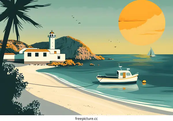 Lighthouse on a Beach with a Sunset and Boats