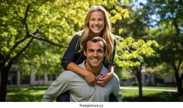 A young woman piggybacks on a young man in a park