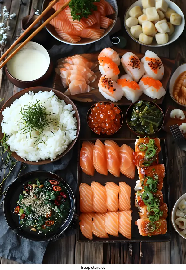 A variety of sushi, sashimi, and other Japanese dishes