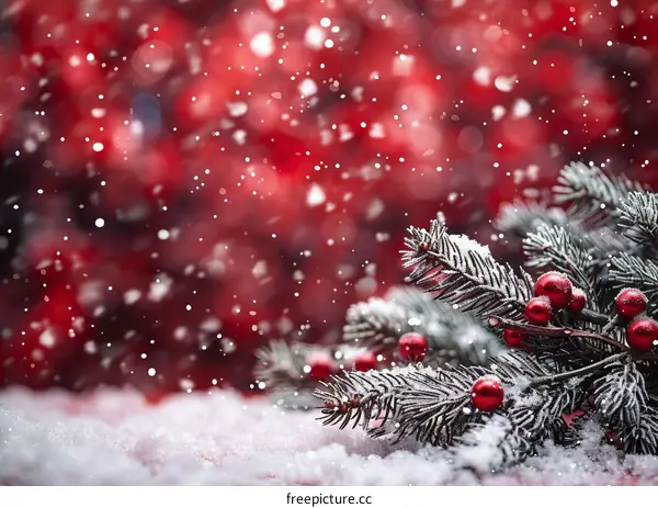 Christmas tree branches with red berries on a snowy background